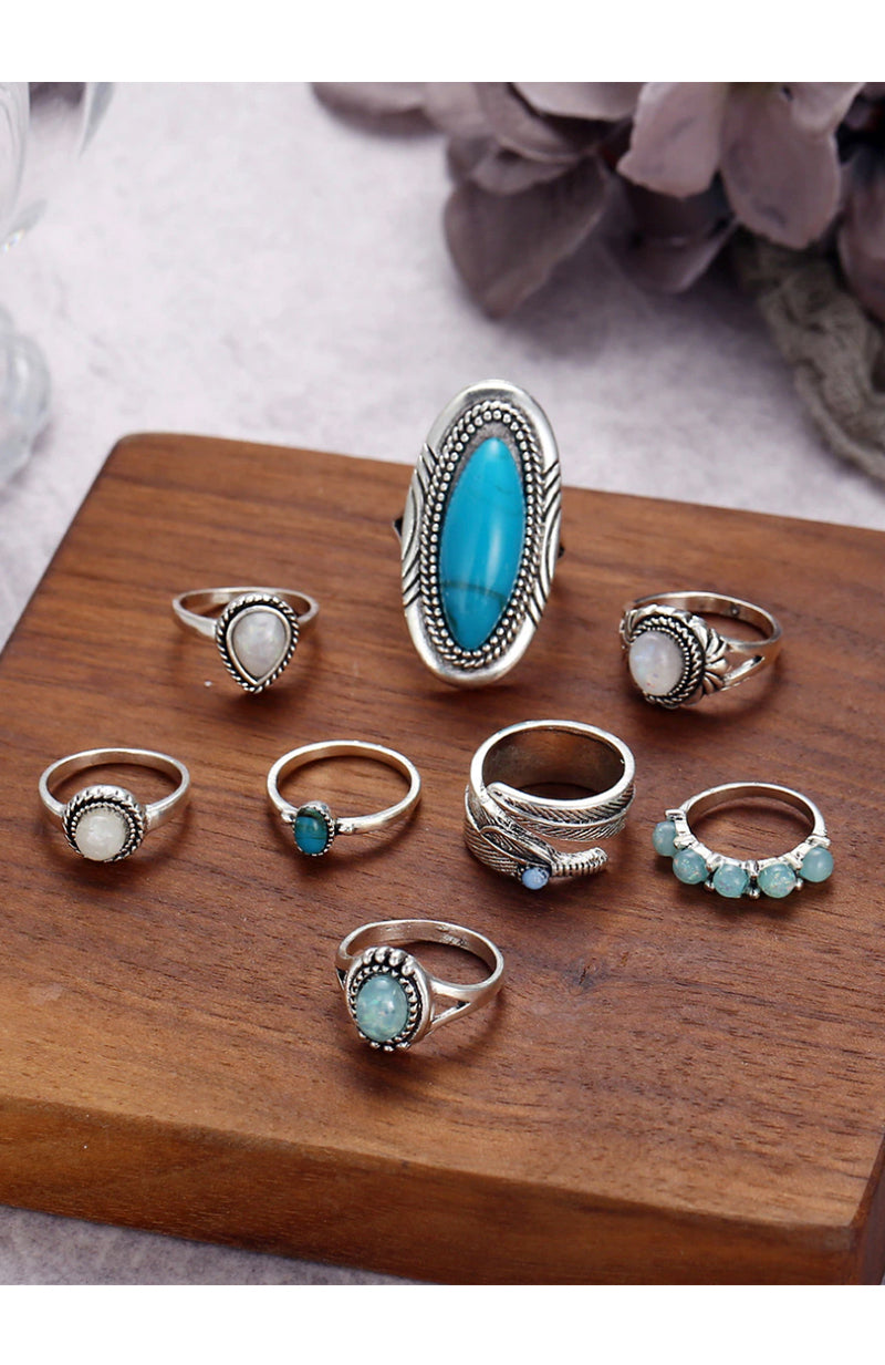 Silver Turquoise & Moonstone Ring Set